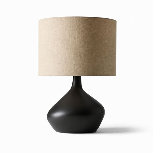 Terra ceramic table lamp black ceramic base beige fabric shade handcrafted minimalist white background front view