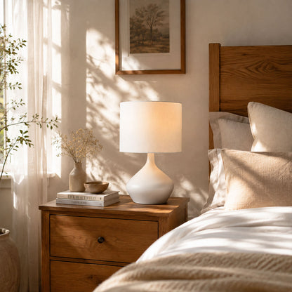 Terra ceramic table lamp bedroom nightstand bedside warm glow ceramic fabric minimalist cozy American home lifestyle interior styled