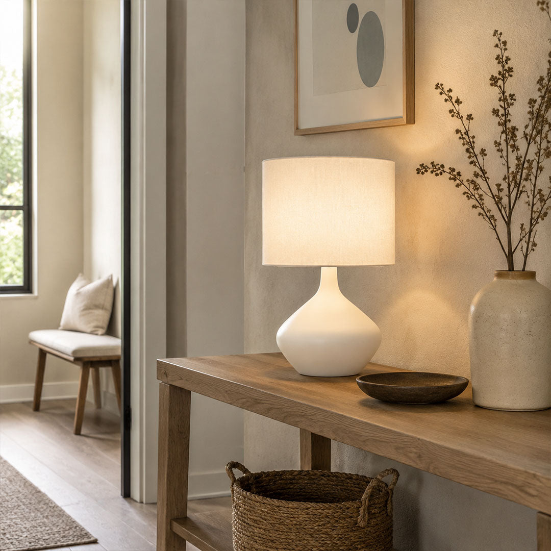 Terra ceramic table lamp wabi sabi japandi minimalist space ceramic fabric warm neutral American home lifestyle interior styled