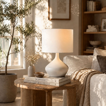 Terra ceramic table lamp living room side table warm glow ceramic fabric elegant American home lifestyle interior styled