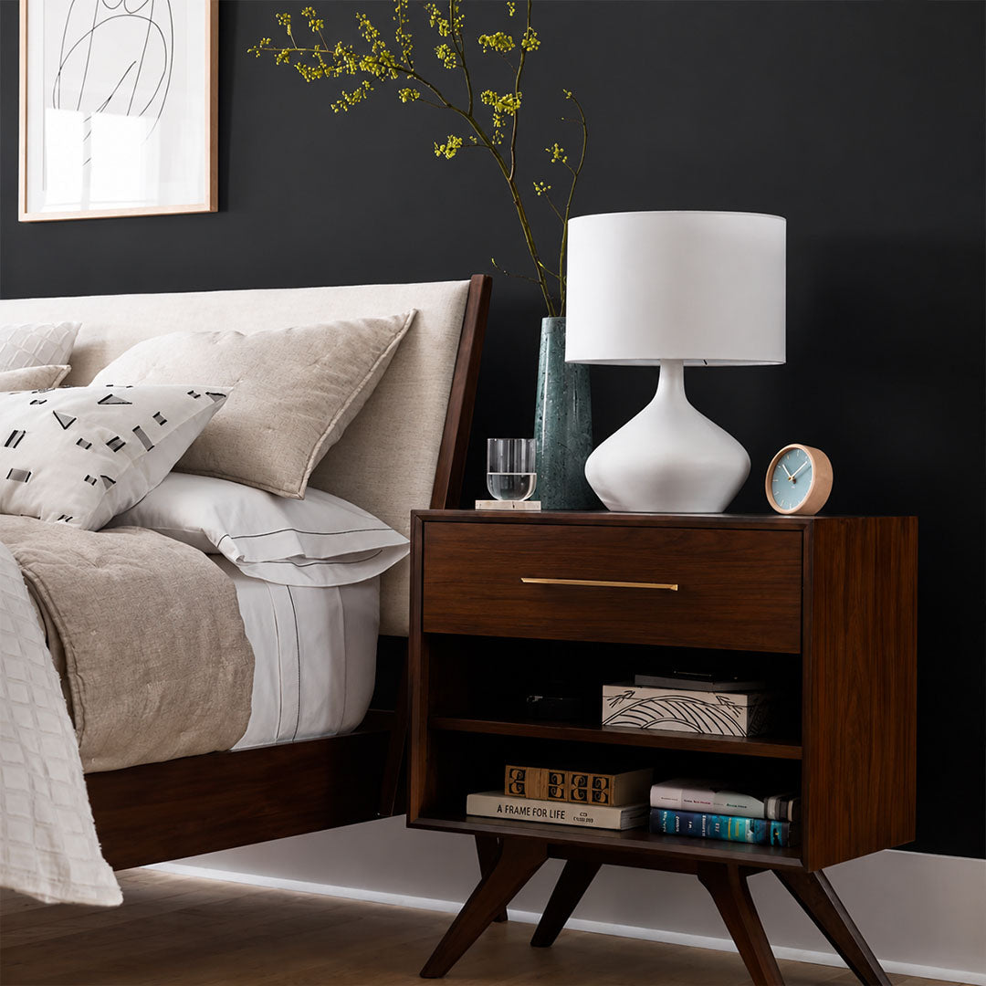 Terra ceramic table lamp bedroom nightstand bedside warm glow ceramic fabric minimalist cozy American home lifestyle interior styled