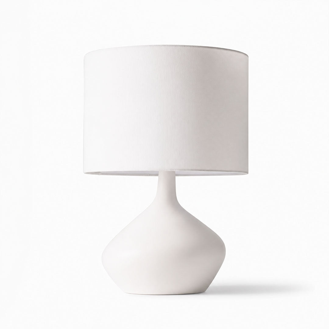 Terra ceramic table lamp white ceramic base white fabric shade handcrafted minimalist white background front view