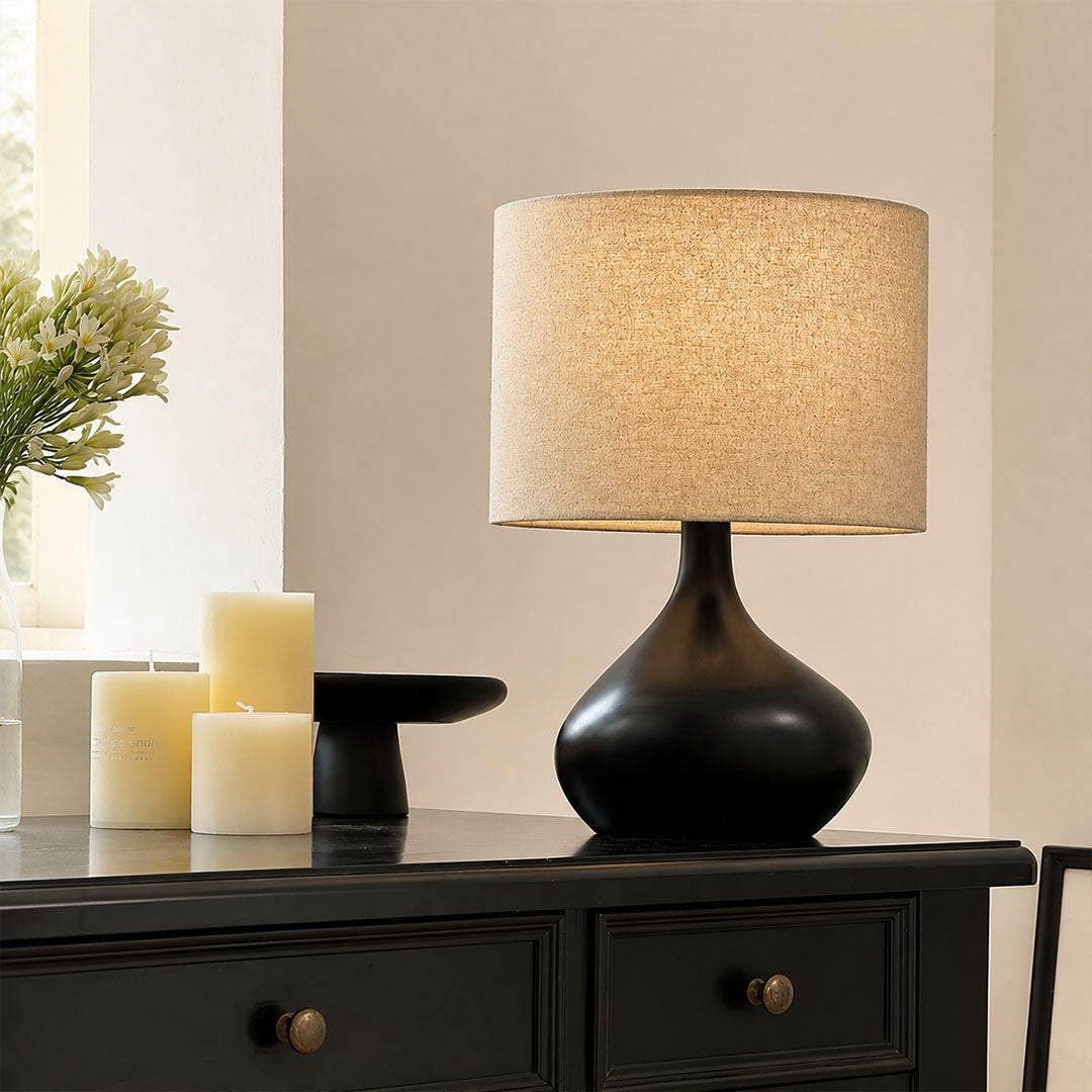 Terra ceramic table lamp vanity dresser warm glow ceramic fabric elegant American home lifestyle interior styled