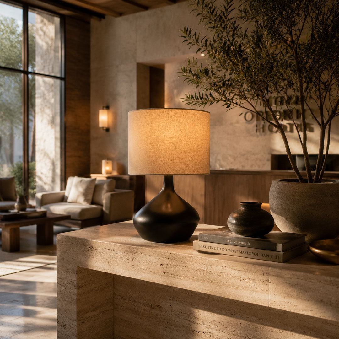 Terra ceramic table lamp entryway console illuminated warm glow ceramic fabric American home lifestyle interior styled