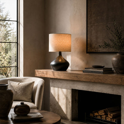 Terra ceramic table lamp entryway console illuminated warm glow ceramic fabric American home lifestyle interior styled