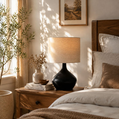 Terra ceramic table lamp bedroom nightstand bedside warm glow ceramic fabric minimalist cozy American home lifestyle interior styled