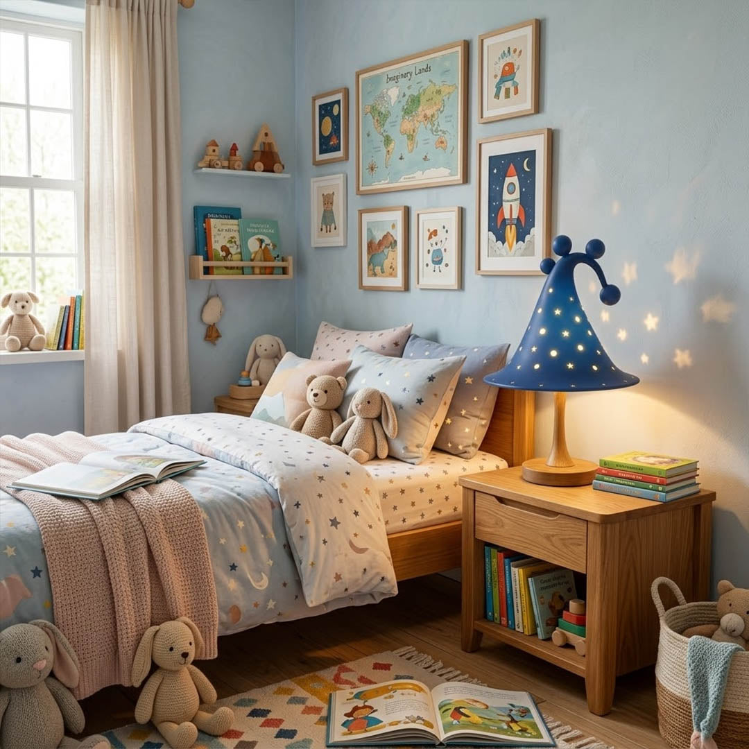 Luna blue table lamp on bedside table coastal bedroom interior modern minimalist