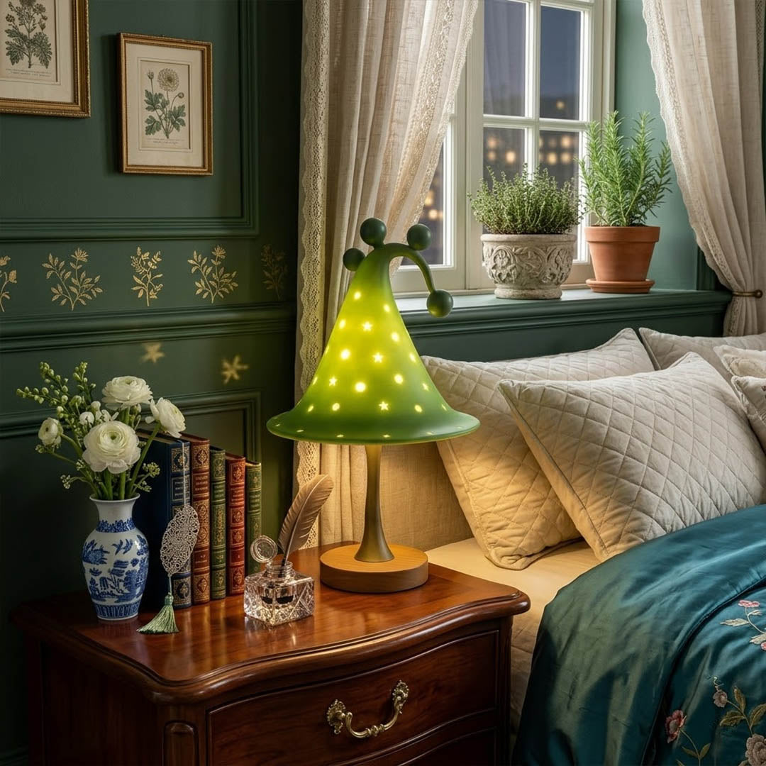 Luna green table lamp woodland themed bedroom nightstand forest interior cozy