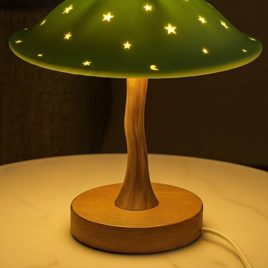 Luna green table lamp woodland themed bedroom nightstand forest interior cozy