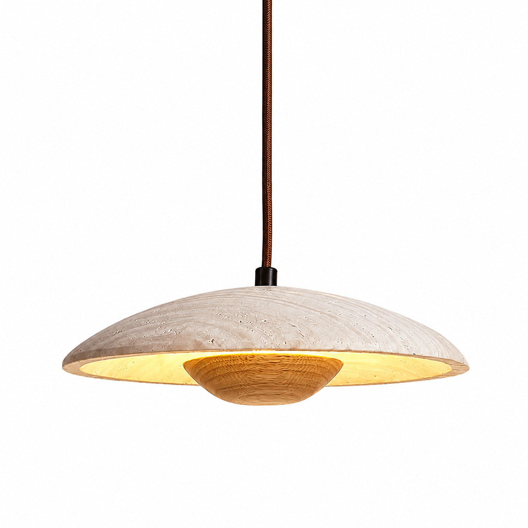Luna wood travertine pendant light solid wood disc yellow travertine stone flat round minimalist white background