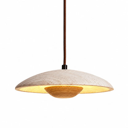 Luna wood travertine pendant light solid wood disc yellow travertine stone flat round minimalist white background