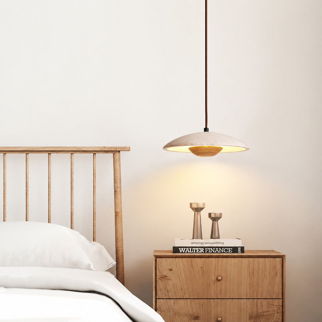 Luna wood travertine pendant light bedroom warm glow wood travertine stone cozy American home lifestyle interior styled