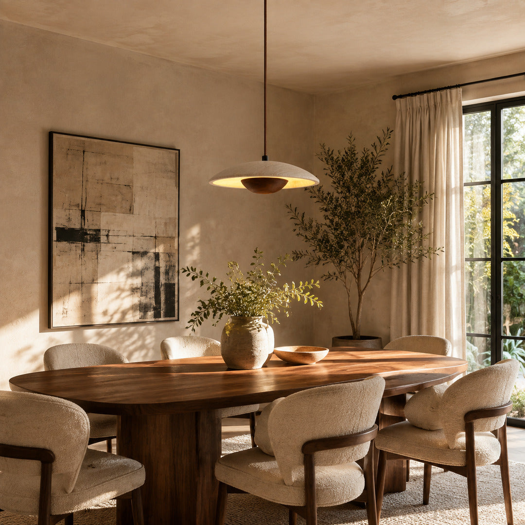 Luna wood travertine pendant light dining table warm glow wood travertine stone Japandi American home lifestyle interior styled
