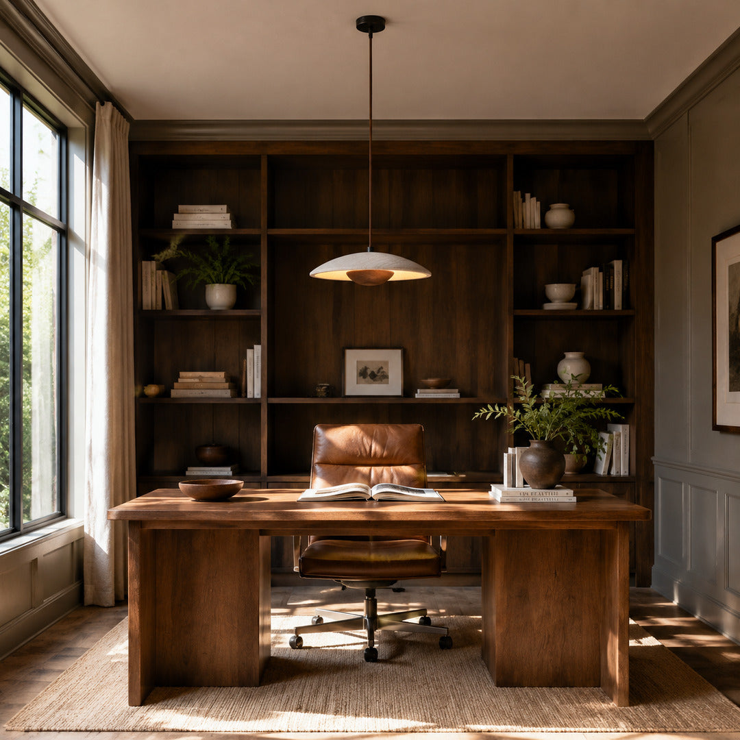 Luna wood travertine pendant light bedroom warm glow wood travertine stone cozy American home lifestyle interior styled