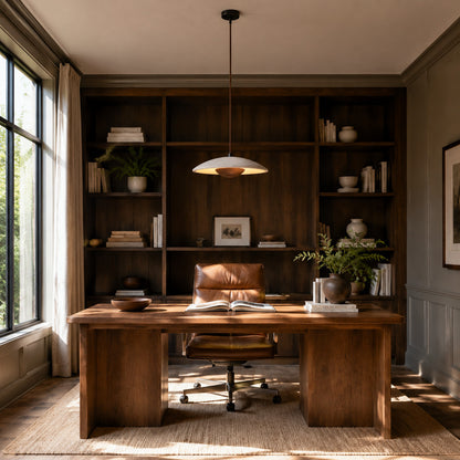 Luna wood travertine pendant light bedroom warm glow wood travertine stone cozy American home lifestyle interior styled