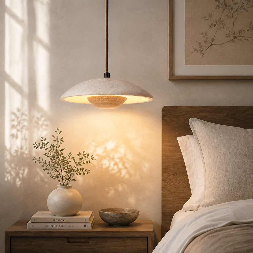 Luna wood travertine pendant light bedroom warm glow wood travertine stone cozy American home lifestyle interior styled