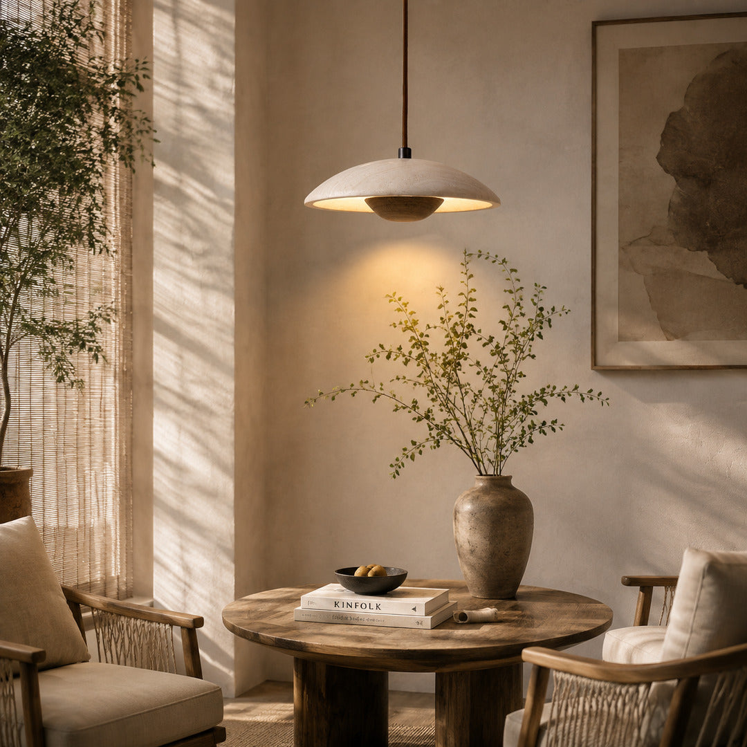 Luna wood travertine pendant light breakfast nook warm glow wood travertine stone American home lifestyle interior styled