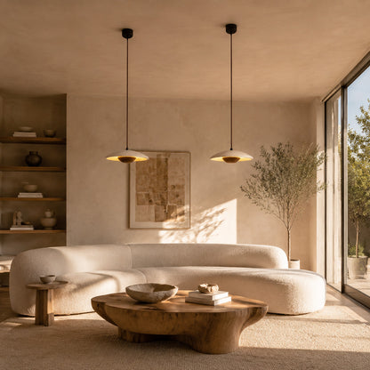 Luna wood travertine pendant light living room warm glow wood travertine stone sculptural American home lifestyle interior styled