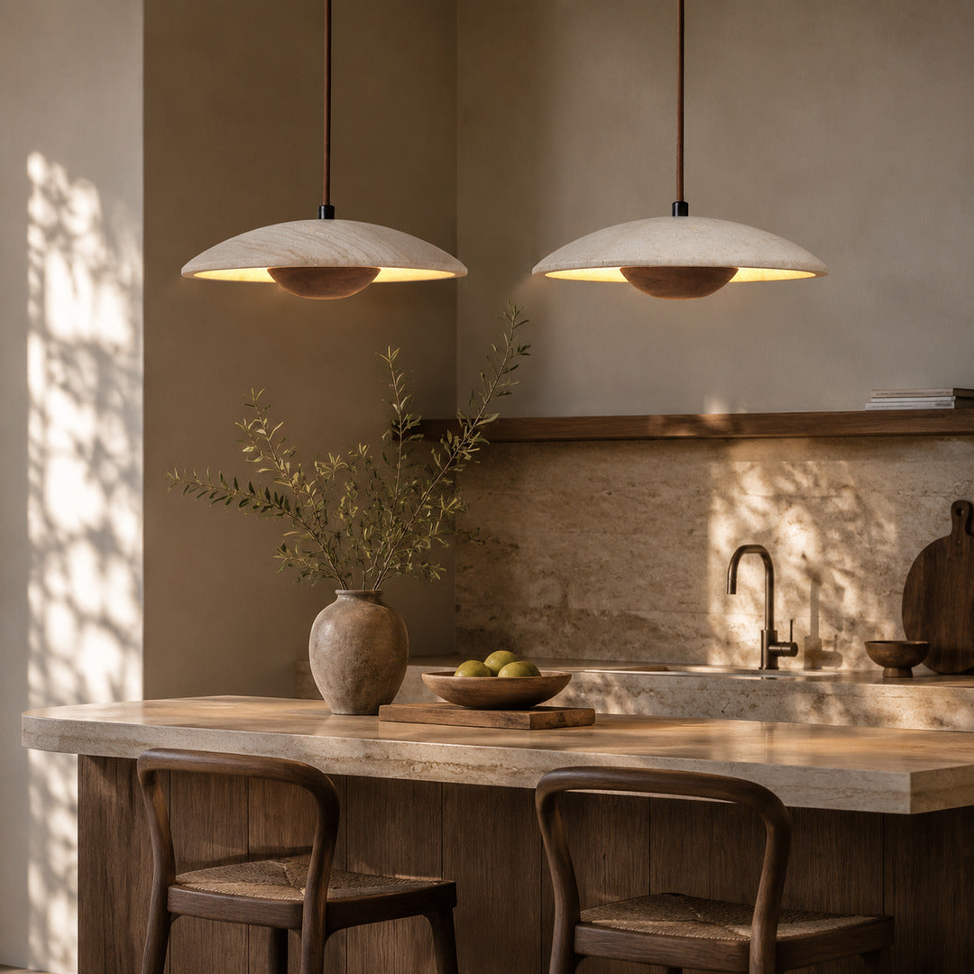 Luna wood travertine pendant light kitchen island warm glow solid wood travertine stone minimalist American home lifestyle interior styled