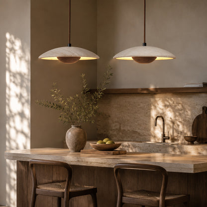 Luna wood travertine pendant light kitchen island warm glow solid wood travertine stone minimalist American home lifestyle interior styled