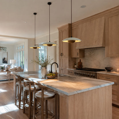 Luna wood travertine pendant light kitchen island warm glow solid wood travertine stone minimalist American home lifestyle interior styled