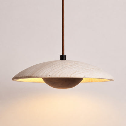 Luna wood travertine pendant light illuminated warm 3000K glow wood disc travertine stone white background