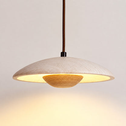 Luna wood travertine pendant light solid wood grain disc texture natural detail close up