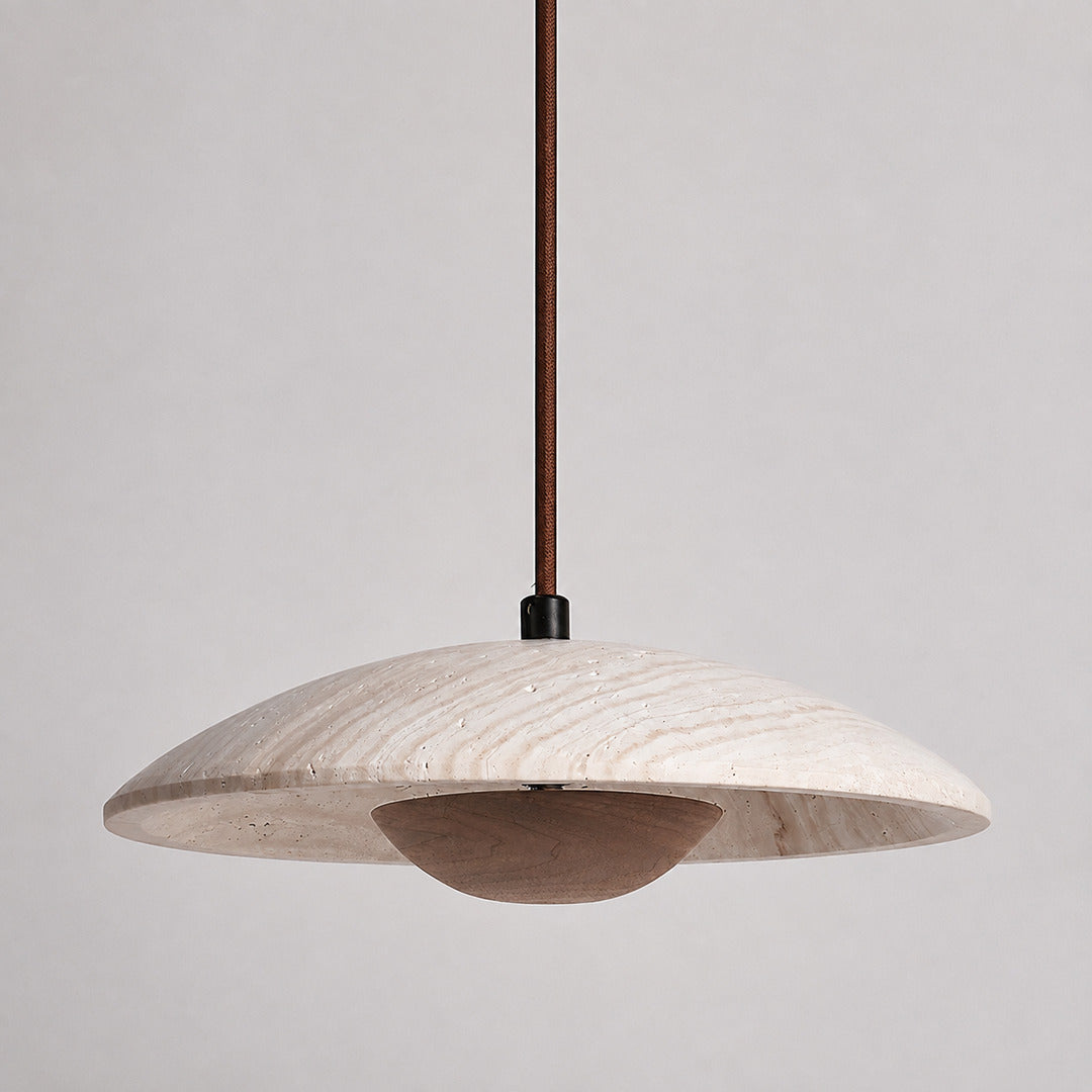 Luna wood travertine pendant light solid wood grain disc texture natural detail close up