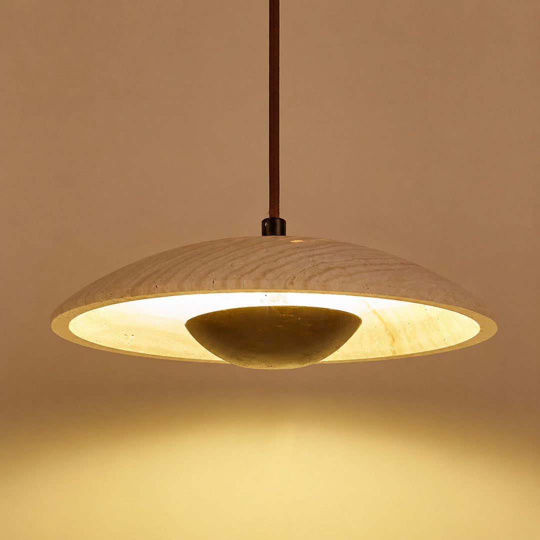 Luna wood travertine pendant light illuminated warm 3000K glow wood disc travertine stone white background