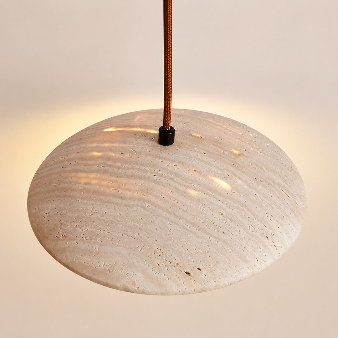 Luna wood travertine pendant light yellow travertine stone veining porous texture detail close up unique