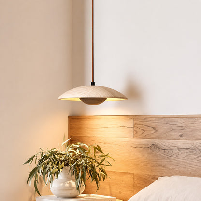 Luna wood travertine pendant light bedroom warm glow wood travertine stone cozy American home lifestyle interior styled