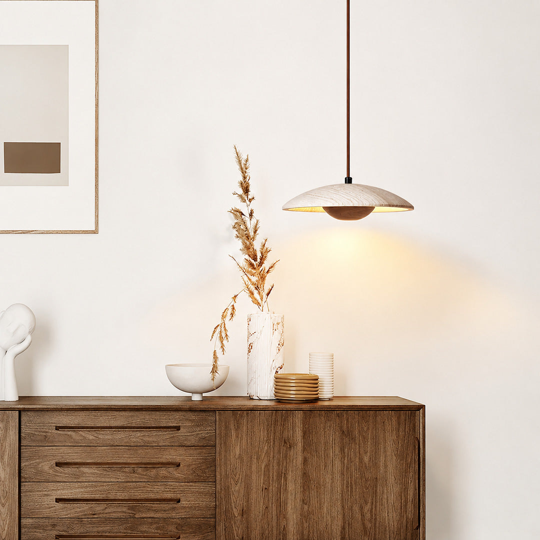 Luna wood travertine pendant light entryway foyer warm glow wood travertine stone minimalist American home lifestyle interior styled