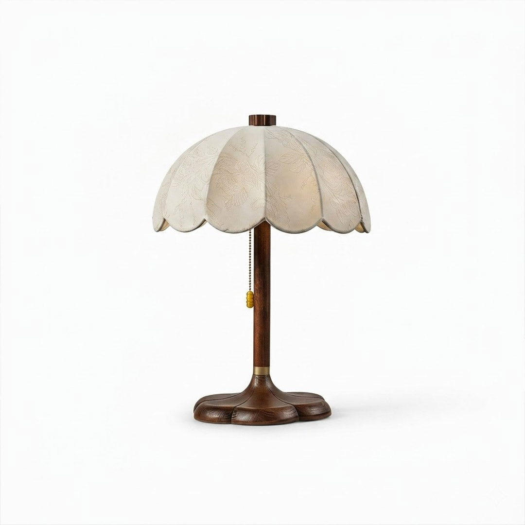 Lyon French vintage table lamp wood base printed fabric shade reading lamp art deco white background
