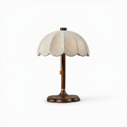 Lyon French vintage table lamp wood base printed fabric shade reading lamp art deco white background