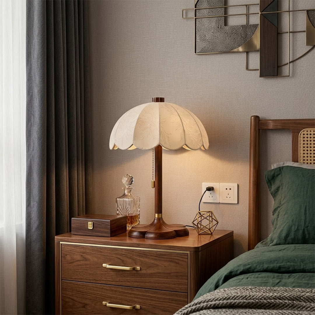 Lyon French vintage table lamp on bedside nightstand warm reading glow lifestyle bedroom interior