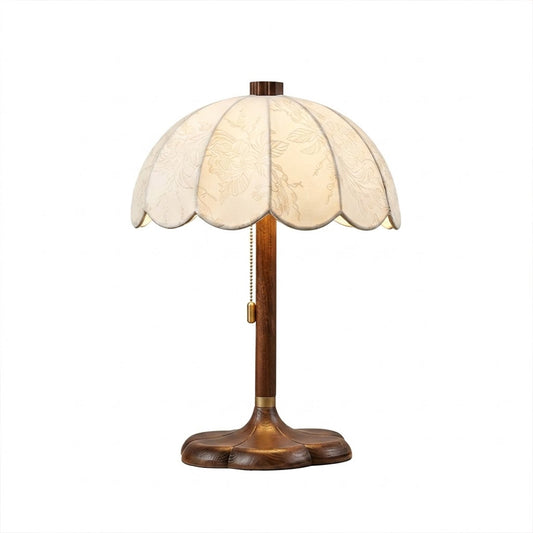 Lyon French vintage table lamp wood base printed fabric shade reading lamp art deco white background