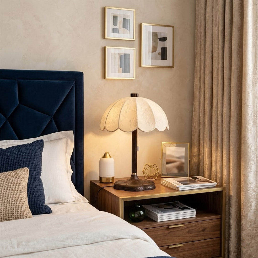 Lyon French vintage table lamp on bedside nightstand warm reading glow lifestyle bedroom interior