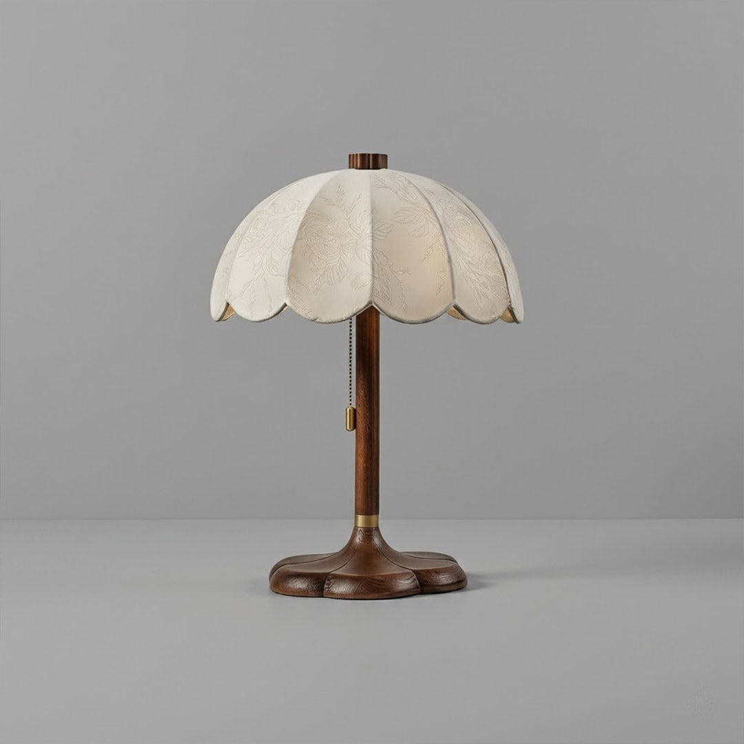 Lyon French vintage table lamp wood base printed fabric shade reading lamp art deco white background