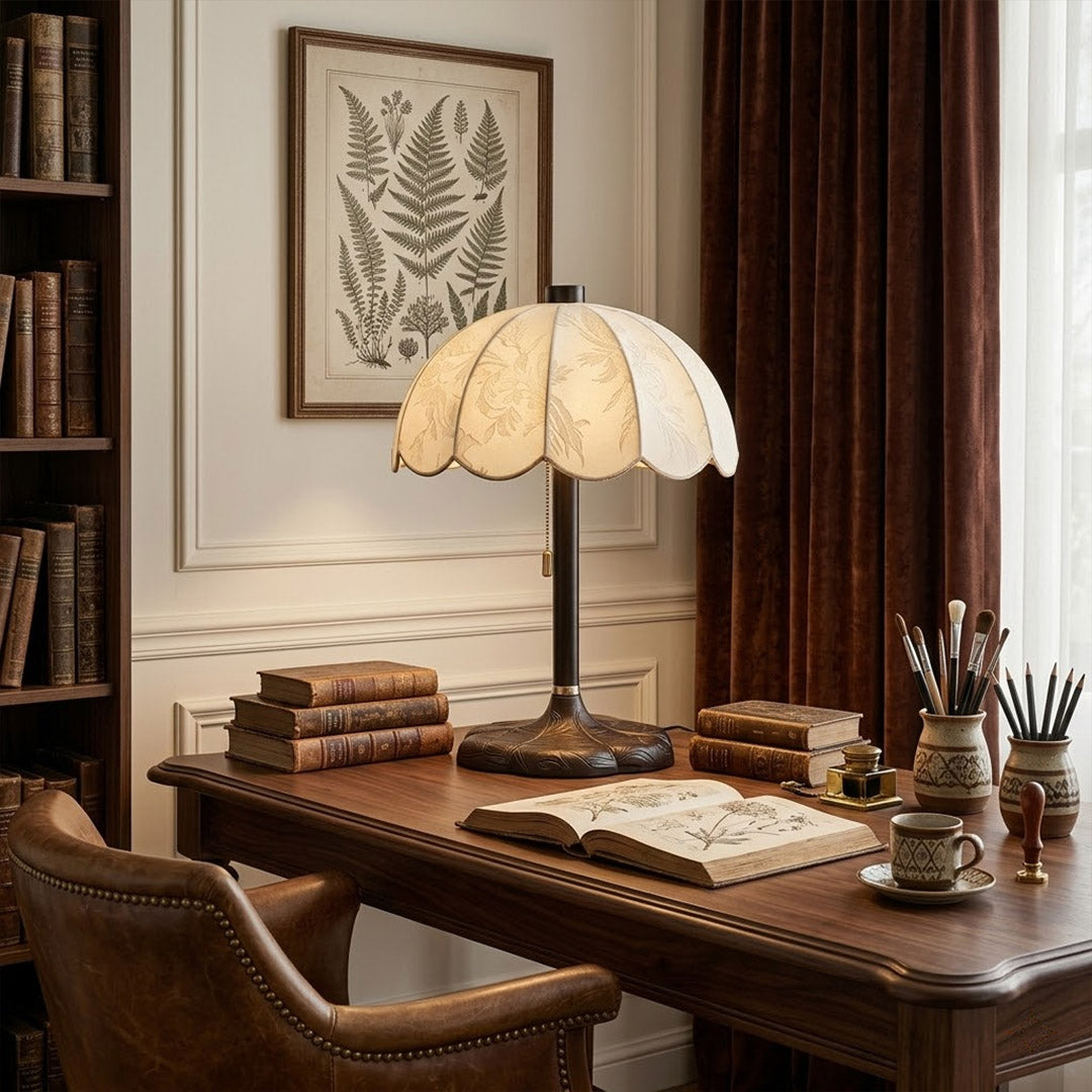 Lyon French vintage table lamp on bedside nightstand warm reading glow lifestyle bedroom interior