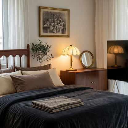 Lyon French vintage table lamp on bedside nightstand warm reading glow lifestyle bedroom interior