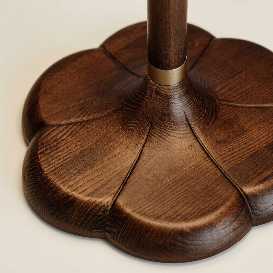 Lyon table lamp turned wood base natural grain texture detail cylindrical form close up