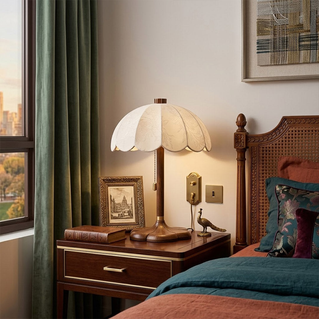Lyon French vintage table lamp on bedside nightstand warm reading glow lifestyle bedroom interior