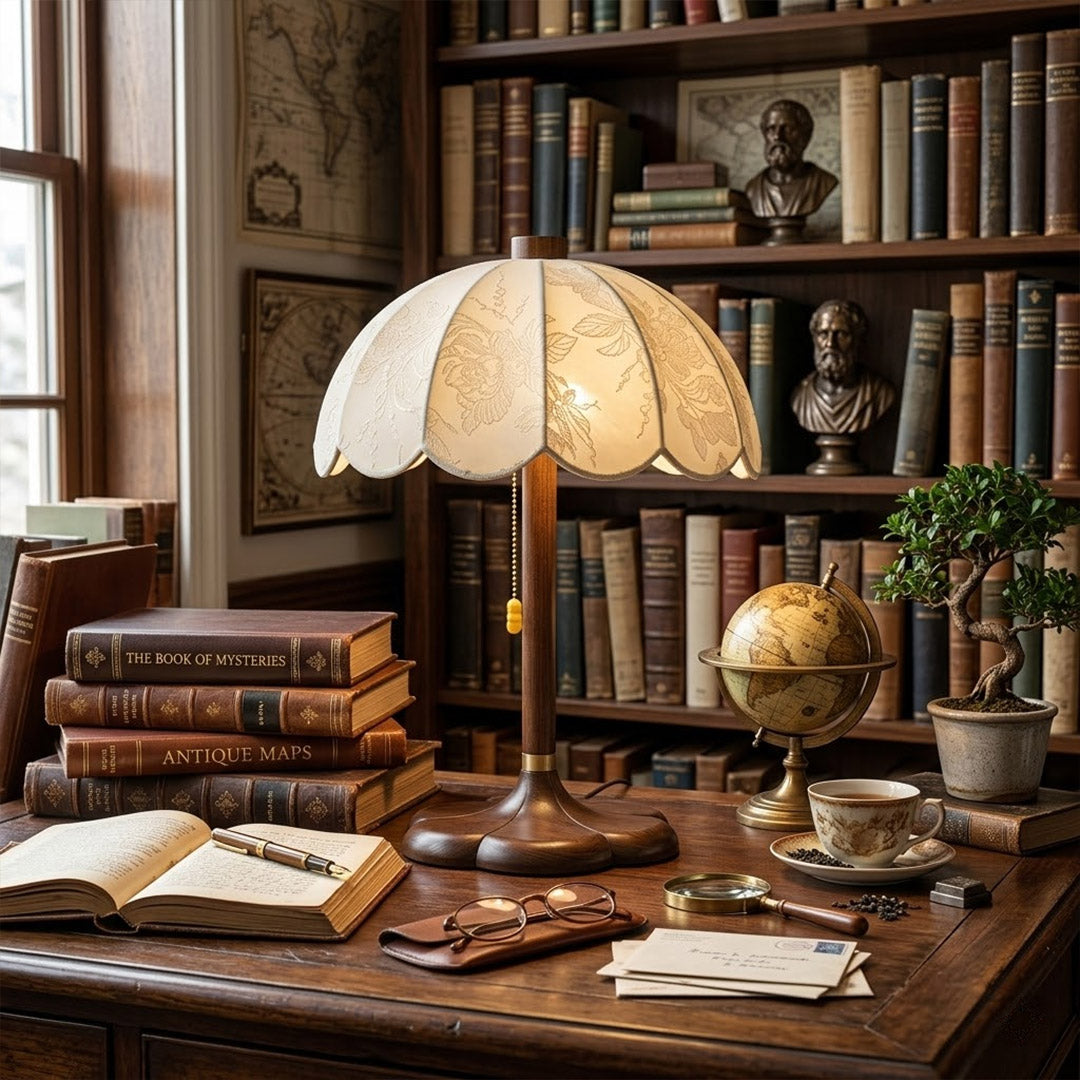Lyon French vintage table lamp on bedside nightstand warm reading glow lifestyle bedroom interior