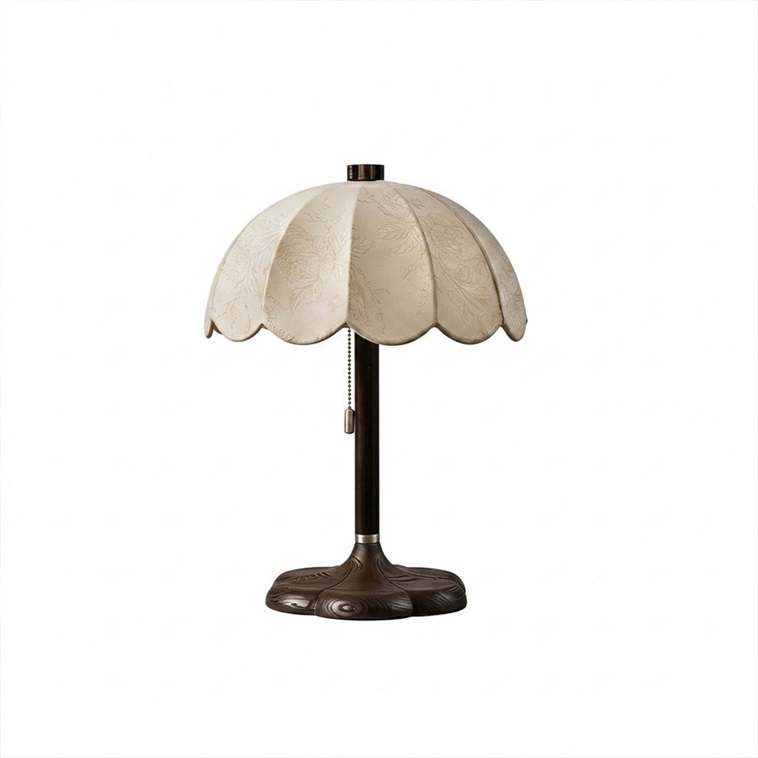Lyon French vintage table lamp wood base printed fabric shade reading lamp art deco white background