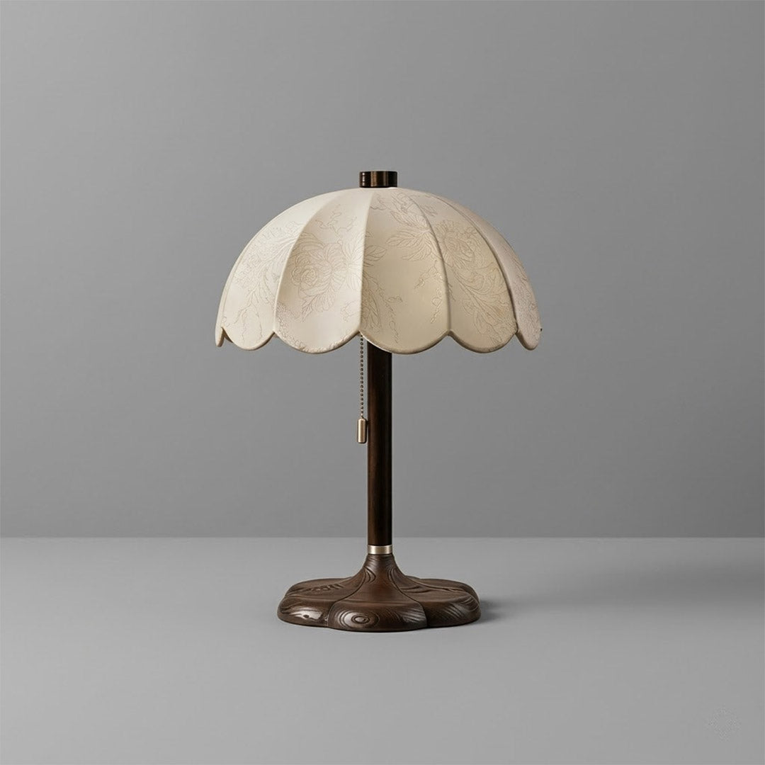 Lyon French vintage table lamp wood base printed fabric shade reading lamp art deco white background