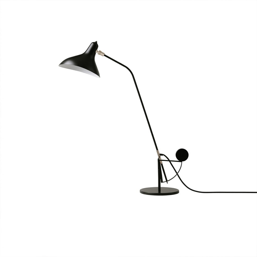 Lyra mid century articulated table lamp matte black steel arm pivoting reflector 31 inch tall white background front view