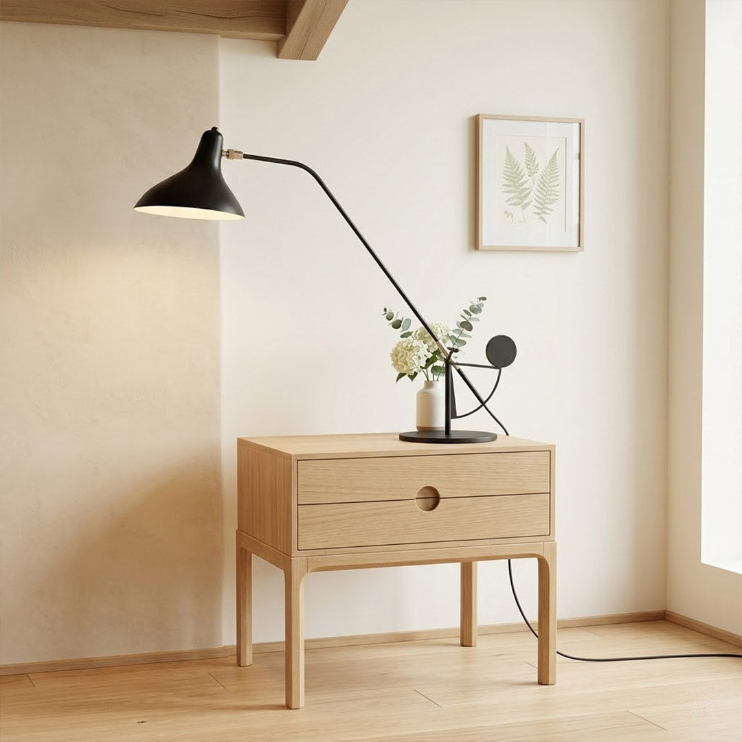 Lyra table lamp on living room console sideboard sculptural statement piece matte black mid century interior