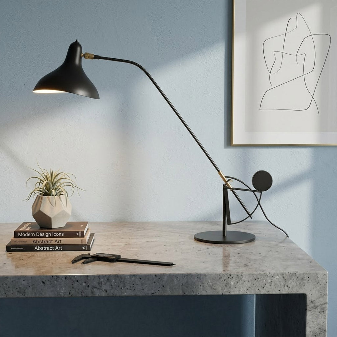 Lyra table lamp on living room console sideboard sculptural statement piece matte black mid century interior