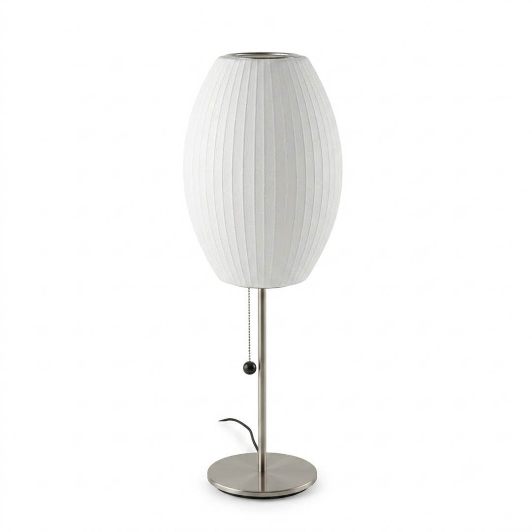 Maeve tall chrome faux silk console lamp Model A 29 inch tall mid century modern white shade chrome base white background