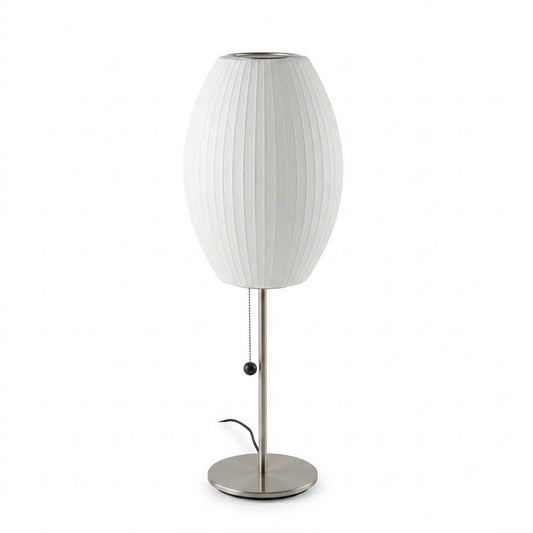 Maeve tall chrome faux silk console lamp Model A 29 inch tall mid century modern white shade chrome base white background